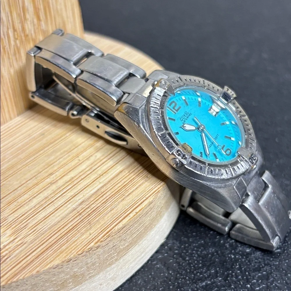 Vintage Guess Tiffany Blue Dial Stainless Steel Silver Waterpro Watch Needs 🔋
